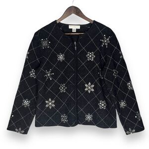 Petite Sophisticate Sweater‎ Cardigan Zip Wool Snowflake Embroidered Sequins M